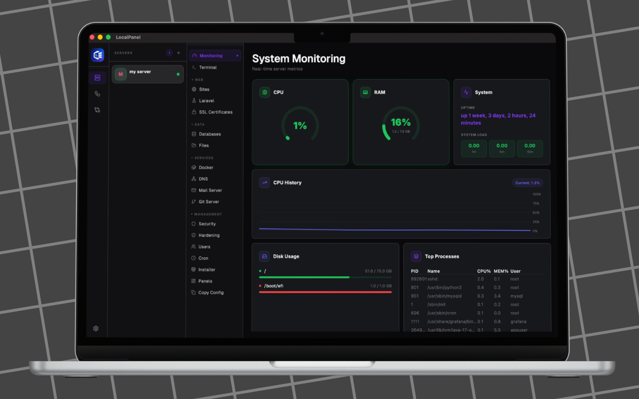 Servers screen with server list and connection status